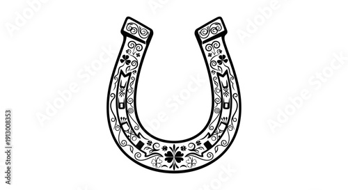 A detailed black and white illustration of a horseshoe with floral patterns.