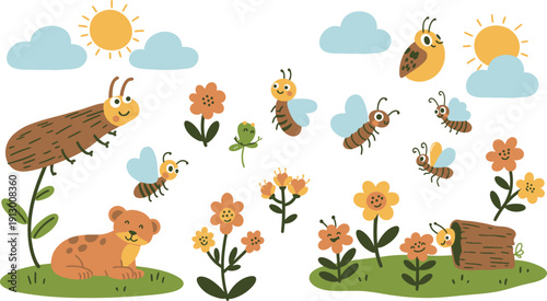 Vector illustration set of funny cartoon animals featuring a seamless pattern with baby jungle and farm characters like a lion, elephant, cow, and cat for nature-themed art