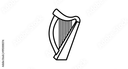 A simple black and white line drawing of a harp on a white background.