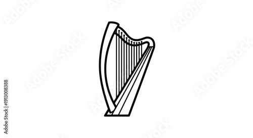 A simple black and white line drawing of a harp on a white background.