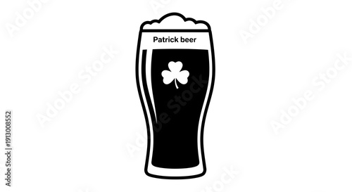 A simple black and white illustration of a pint glass with a shamrock.
