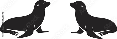 Two black seal silhouettes facing each other minimalist marine animal logo illustration isolated on white background vector design for commercial stock use branding