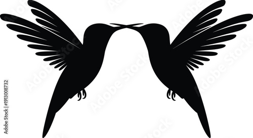 Two hummingbird silhouettes facing each other isolated on white background love romance wildlife vector illustration design