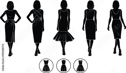 Black and white silhouette of women in various dresses silhouettes fashion clothing