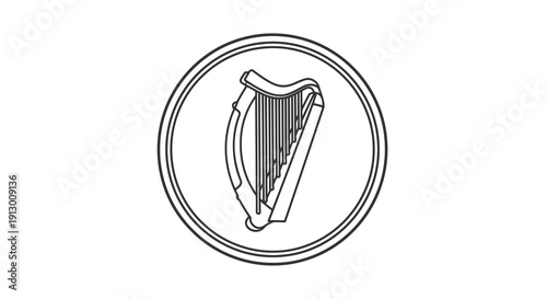 A simple line drawing of a harp enclosed within a double circle.
