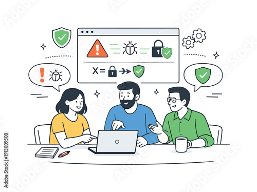Code review for security. Team members discussing code at a table, pointing at vulnerabilities and solutions with friendly collaboration.