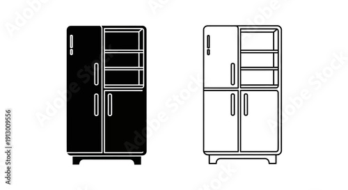 Modern black and white refrigerator and freezer set, sleek design, kitchen appliances Vector