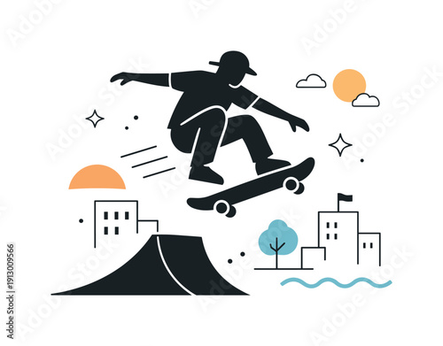 Skateboarding tricks in the city. A skater jumping off a ramp with a clean silhouette, simple buildings and abstract shapes emphasizing