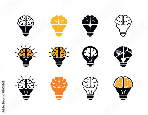 Test Study Icons. Studying for a test. Icon set. Set Logo of Studying for a test: brain and lightbulb idea icon. harmonious logo variations of the same