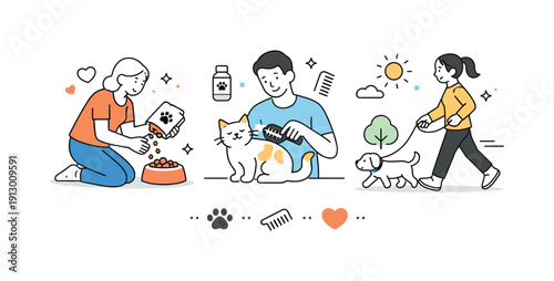 Responsible Pet Care. Responsible pet care routine. An editorial scene showing feeding, grooming, and walking a pet through simple symbolic actions, arranged