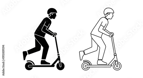 Two people riding electric scooters, one in black and one in white, side by side. Vector