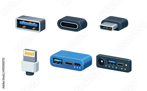 Charging ports. Isometric flat vector icons set of charging ports: USB-A output port, USB-C output port, micro-USB input port, lightning