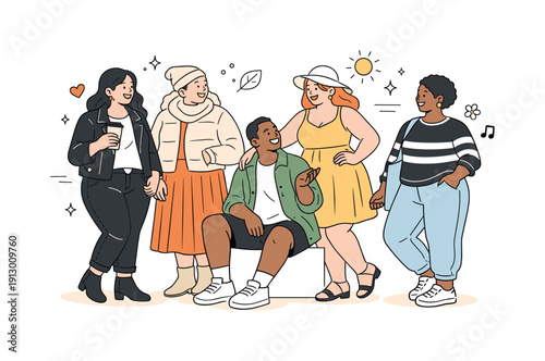 Inclusive Fashion Editorial. Inclusive fashion trends. A group of plus-size models wearing different seasonal outfits, friendly interaction and relaxed poses.