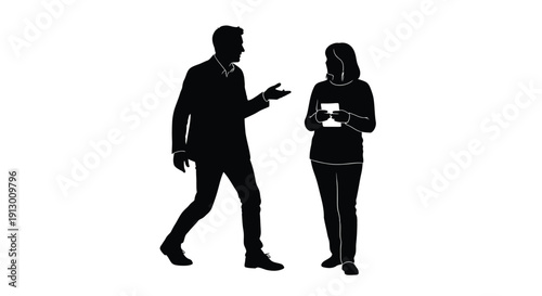 Silhouette of a businessman actively speaking while a woman listens holding a small electronic device