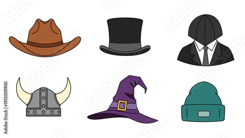 Collection of various hats including a cowboy hat top hat viking helmet witch hat and a beanie on a white background.