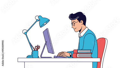 Focused man in glasses working at a desk with a computer lamp books and a cup of pens in a simple style.