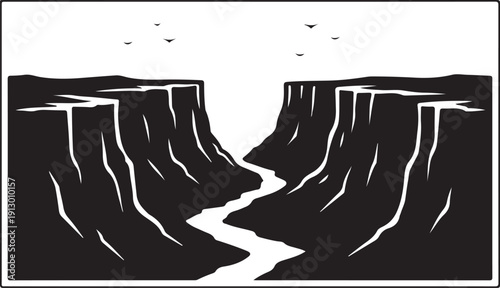 black silhouette of canyon landscape on white background, vector.