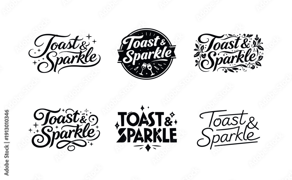 Obraz premium Toast and sparkle. Set lettering. harmonious lettering variations of the same emblematic concept, each with different artistic interpretation