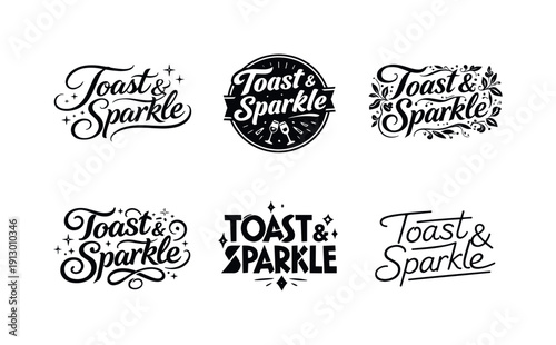 Toast and sparkle. Set lettering. harmonious lettering variations of the same emblematic concept, each with different artistic interpretation