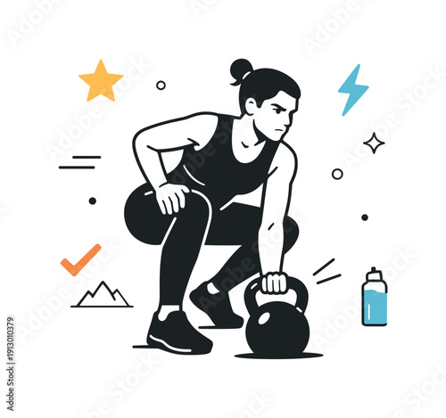 Kettlebell Power. High-intensity training moment. Person lifting a kettlebell overhead or from the ground, strong silhouette and determined expression. Feeling