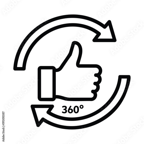 Black thumbs up hand with 360 degree circular arrow outline in monochrome hand gesture