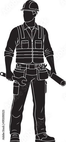 Black silhouette of construction worker on a white background, minimal outline