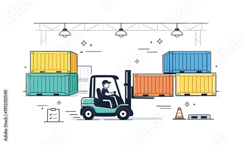 Warehouse container storage. Neatly arranged shipping containers inside a large warehouse, with a forklift moving quietly between rows. The