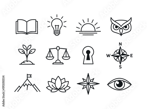 Newfound Wisdom. Line icon set of Newfound Wisdom: open book, glowing lightbulb, rising sun, owl head, sprouting tree, balanced scale,