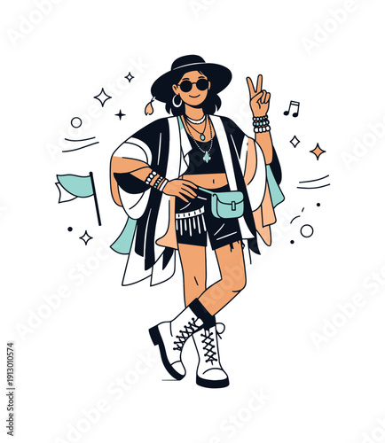 Festival fashion style. A person wearing expressive festival outfit with layered fabrics and bold accessories, relaxed confident pose.