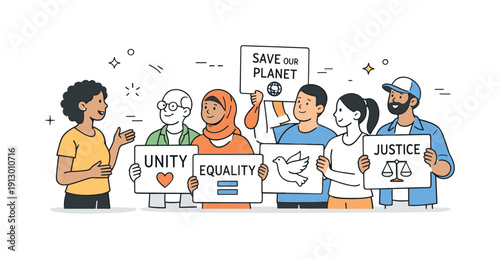 Community protest gathering. A diverse group stands together listening and holding signs. Friendly, respectful atmosphere focused on shared