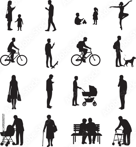 Black silhouette of different age group people on a white background, minimal outline