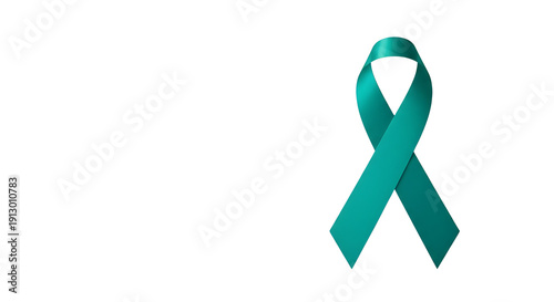 Teal awareness ribbon symbolizing ovarian cancer, PTSD, and sexual assault awareness, featuring a satin texture and elegant knot on a clean white backdrop. isolated PNG with Transparent