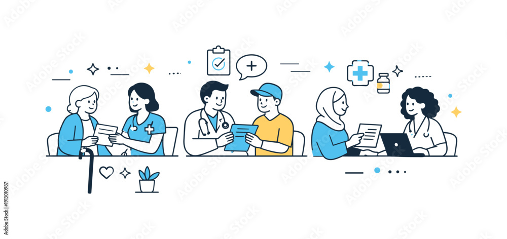 Fototapeta premium Community healthcare services. An editorial scene showing people calmly consulting with healthcare professionals in a community clinic,