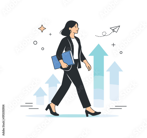 Modern leadership program. A professional walking forward with a folder and subtle upward arrows in the background, symbolizing progress and