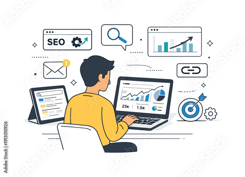 The evolution of search engines and SEO strategies. Person reviewing analytics dashboards and search results on a laptop and tablet. Focused
