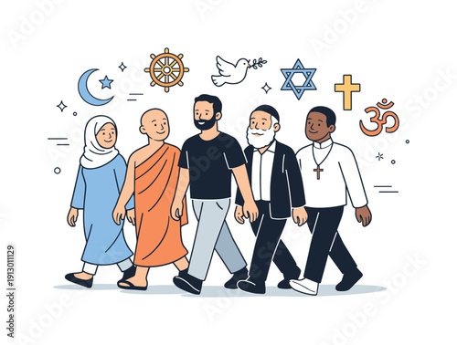 Respect between different religions. People from various backgrounds walking side by side, gently smiling, with abstract faith symbols