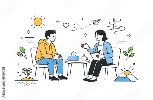 Rehabilitation for addiction recovery. A calm supportive scene with a person sitting with a counselor, talking openly in a safe and quiet
