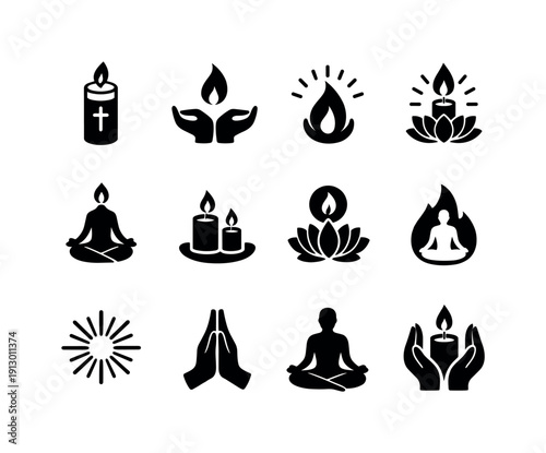 Spiritual Candle. Solid icon set of Spiritual Candle: prayer candle, meditative hand, sacred flame, spiritual light, calm posture, ritual