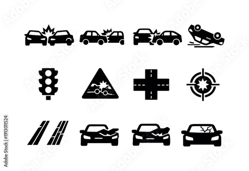 Vehicle Crash Icons. Vehicle Collision. Solid icon set of Vehicle Collision: front impact cars, rear-end crash, side collision, overturned car, traffic light,