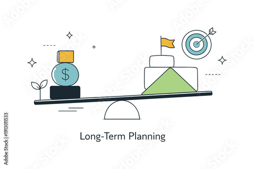 Strategic Resource Balance. Long-term planning. Abstract blocks representing resources and goals arranged into a balanced structure. The scene feels calm,