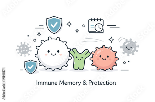 Immune memory and protection. A symbolic scene showing the body remembering past infections, with subtle shield and memory icons near immune