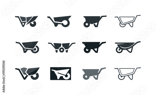 Wheelbarrow. Icon set. Set Logo of Wheelbarrow: farming tool wheelbarrow. harmonious logo variations of the same emblematic concept, each
