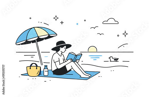 Peaceful Beach Reading. Beach solitude scene. A single traveler reads a book under the open sky, with minimal beach elements and a peaceful horizon. Silence,