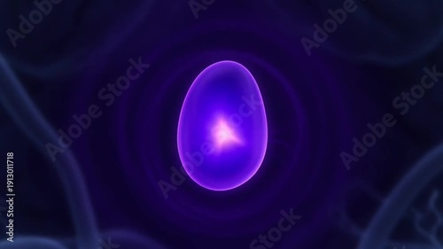 Mysterious glowing purple egg-shaped object pulsating with light in dark abstract background with organic wispy tendrils