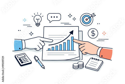 Financial graphs. Hands pointing at a rising graph on a document, suggesting discussion and strategic planning. Friendly collaboration mood