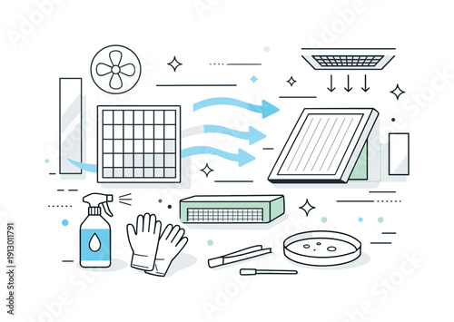 Cleanroom environments. An abstract composition of cleanroom tools, airflow arrows, filters, and geometric panels arranged harmoniously,