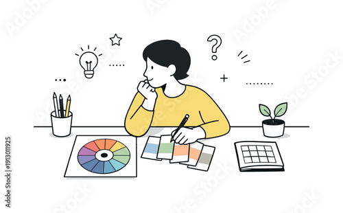 Creative color planning. A designer reviews a color wheel and sample cards on a desk. Thoughtful experimentation and visual consistency.