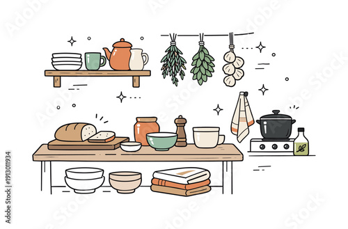 Rustic kitchen scene. Simple countryside kitchen with shelves, ceramic dishes, bread, and herbs hanging to dry. Peaceful everyday routine,