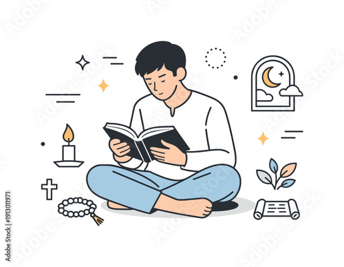 Sacred text reading. A person reading a religious book in a quiet environment, focused and respectful posture. Knowledge, tradition and calm
