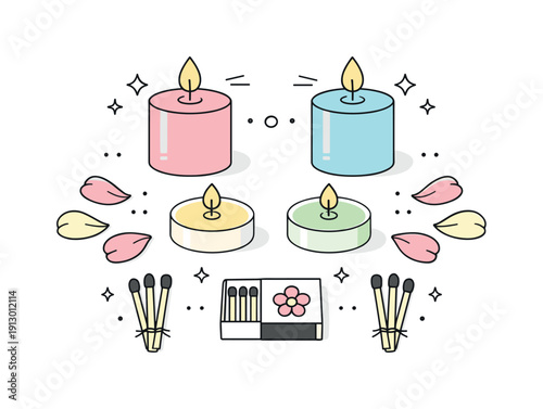 Spring candles pastel. A clean top-down view of pastel pillar and tealight candles with petals and matches arranged symmetrically on a soft